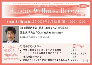 《医師・歯科医師・薬剤師向け》 無料オンラインセミナー5/12(日)朝10時開催 『生活習慣病予防・治療におけるALAの可能性』 講師：渡辺 光博 先生 (慶應義塾大学 大学院 政策・メディア研究科／教授)