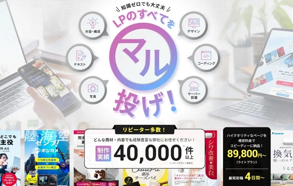 新たなランディングページ（LP）制作サービスが公開されました。このサービスは、クオリティ満足度、制作スピード、コストパフォーマンスの3部門でNo.1を獲得しており、どんな商材や内容にも対応可能です。