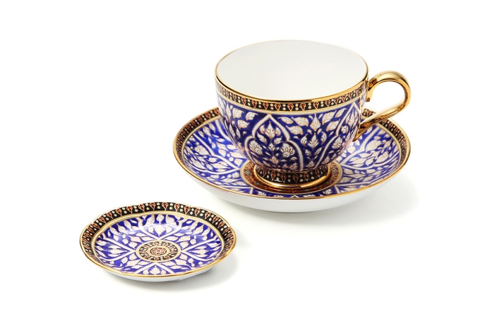 ブランベンジャロン工房 ティーカップ&ソーサー/ミニプレート ロータスチャネルブルー 2点セット