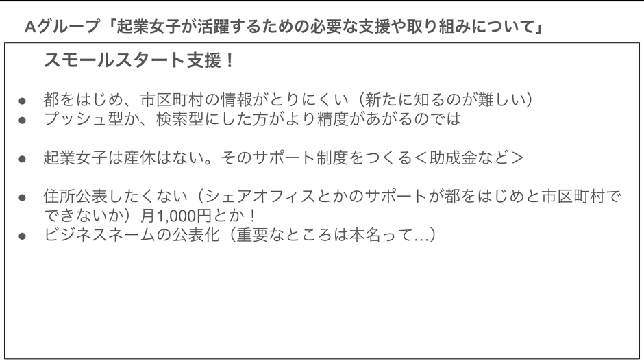 「起業女子が活躍するための必要な支援や取り組み」に関するアイデア