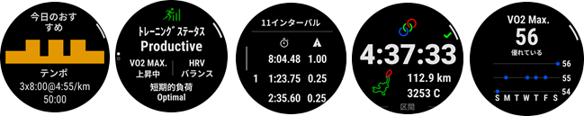 左からおすすめワークアウト、トレーニングステータス、インターバルプロフィール、トライアスロン、VO2 Max