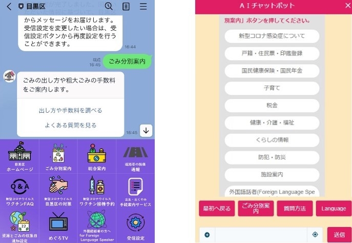 LINE操作画面、目黒区ホームぺージ