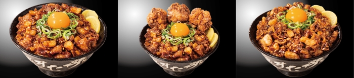左から『熟成背脂黒すた丼』880円(税込)『唐揚げ合盛り背脂黒すた丼』1,080円(税込)『熟成背脂黒すた丼 大爆発盛り』1,280円(税込)