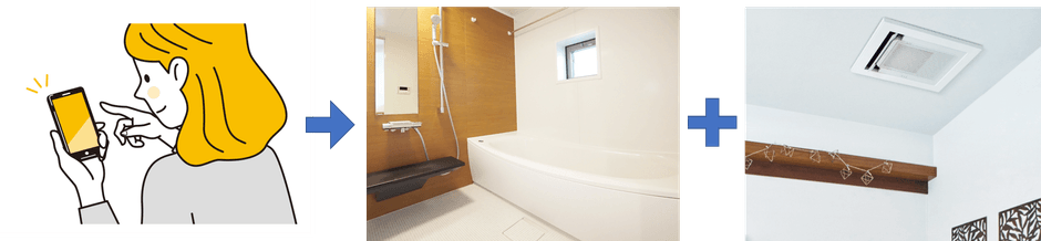 アプリからエアコン連動を操作　→　「ふろ自動」を開始　＋　脱衣室のエアコンが自動でON