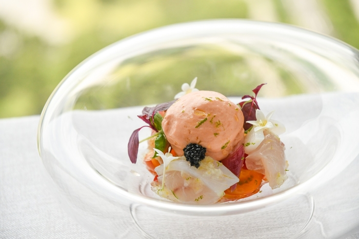 前菜「ライムでマリネした五島列島産<海の幸>のセビーチェ マンゴーとキヌアのサラダ ミョウガのピクルスとキャビア ライムの香りと刺激的なトマトのエスプーマ」