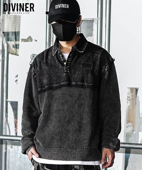 Dirty Switching Knit Polo Shirt(ブラック)