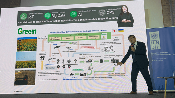 国連開発計画(United Nations Development Programme、略称：UNDP)と日本貿易振興機構(ジェトロ)主催の「メイド・イン・ウクライナ」ビジネス・フォーラムで行ったプレゼンの様子(於キーウ)