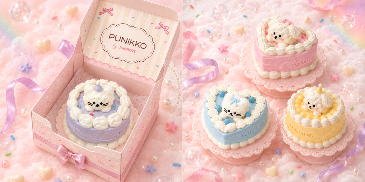 TOKOTOYZのスクイーズシリーズ「ぷにっこ」から、ふわふわもこもこな動物×ケーキモチーフの新作「夢色ふわもこケーキシリーズ」が登場！