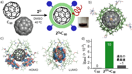 図4(a)らせん型カプセル1DによるC60の内包とその溶液写真 (b)2D・C60の立体構造(内部空間周辺の拡大図)と(c)分子軌道計算 (d)C60に由来するCDバンドの強度比較