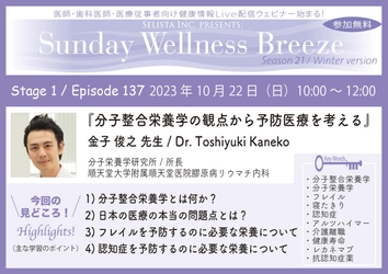 《医師・歯科医師・薬剤師向け》 無料オンラインセミナー10/22(日)朝10時開催　 『分子整合栄養学の観点から予防医療を考える』　 講師：金子 俊之先生(分子栄養学研究所／所長、 順天堂大学附属順天堂医院膠原病リウマチ内科)