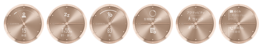 左から、ストレススコア、睡眠スコア、Body Battery、生理周期、アクティビティメニュー、通知機能