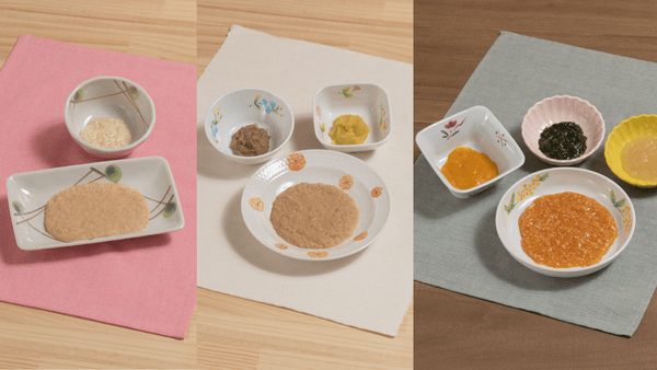 新しい刻み食「ムーミーくんの刻み食」（1日3食分）、左：朝食（鮭の味噌焼き、豆腐）、中央：昼食（唐揚げ柚子ポン酢、さつま芋、椎茸）、右：夕食（海老チリ、ほうれん草、かぼちゃ、大根）