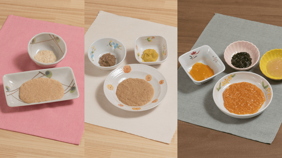 新しい刻み食「ムーミーくんの刻み食」(1日3食分)、左:朝食(鮭の味噌焼き、豆腐)、中央:昼食(唐揚げ柚子ポン酢、さつま芋、椎茸)、右:夕食(海老チリ、ほうれん草、かぼちゃ、大根)