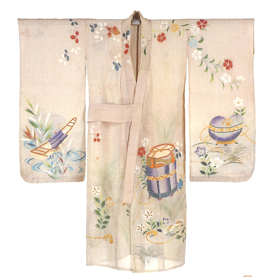 暈染地秋七草貝桶屋根舟模様祝着(原始布・古代織参考館蔵)【前期】