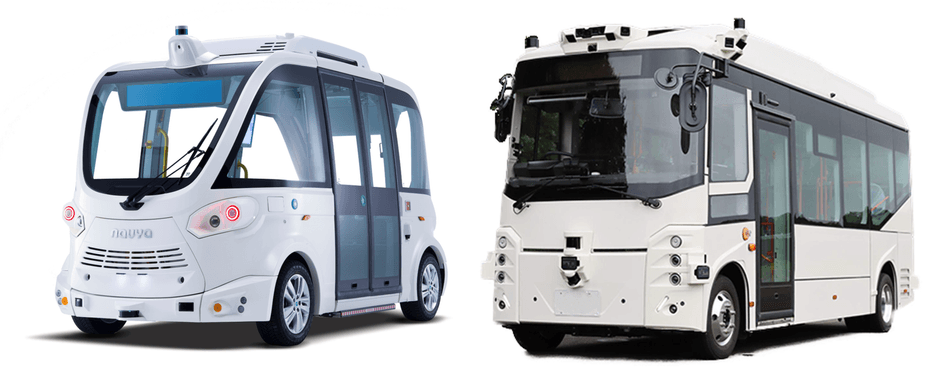 Navya Mobility製 EVO（左）　ティアフォー製 Minibus 2.0（右）