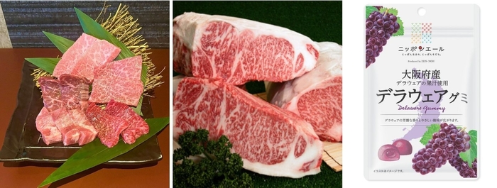 (左から)厳選5種食べ比べ 特別価格 2,189円(税込)/飛騨牛ステーキ 特別価格 2,189円(税込)/先着プレゼント ニッポンエールグミ (大阪府産デラウェアグミ)
