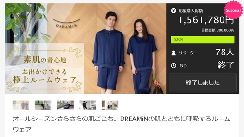 Makuakeで目標を520％達成した オールシーズンさらさらの肌ごこち 「お出かけできるDREAMiN(ドリーミン)の極上ルームウェア」 いよいよ4月22日発売開始！