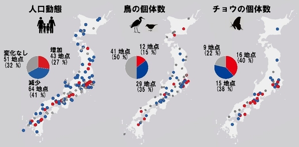 図2 人口および生物多様性の増減(DOI 10.1038/s41893-025-01578-wから引用) (人口は1995年から2020年の変化、鳥類およびチョウ類は2004年から2022年の変化(サイトごとに異なるため本文参照)、増加、変化無し、減少は統計解析の結果から)