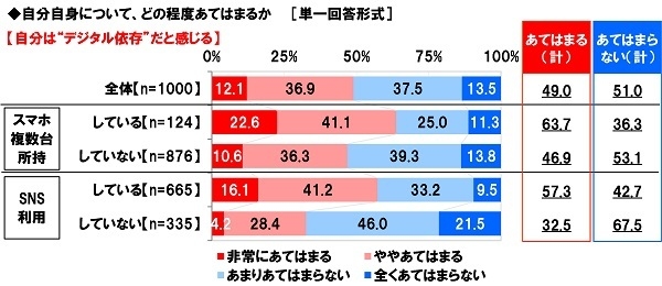 自分は“デジタル依存”だと感じるか（スマホ複数台所持、SNS利用軸）