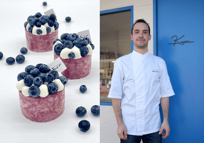 「Patisserie Ker」の「シャルロット　ミルティーユ」とシェフ トラバー アントニー氏