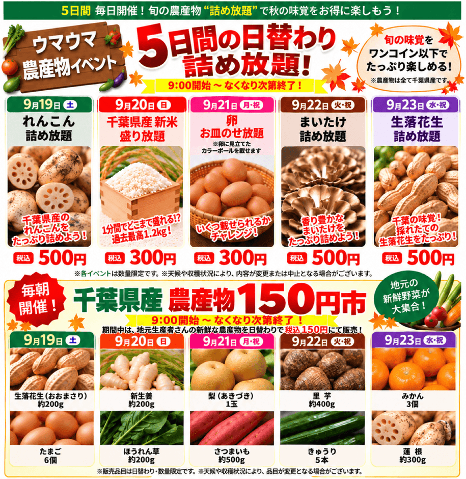 5日間の農産物詰め放題&150円市開催!