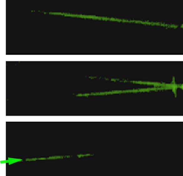 鏡で反射する光（左下から入射）