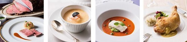 （左から）ローストビーフ、フォワグラのフラントリュフと小海老添え甲殻類のエミュルション、鱧(はも)のポシェ　バジル風味のトマトのクーリ、骨付きチキンのローストソーススタンリー