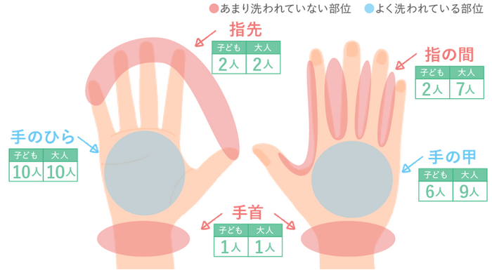 図2　各部位を毎回洗っている人の人数(子ども、大人各n=10)