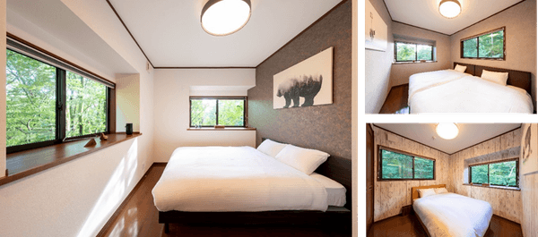 クイーンベッドルーム(左)・ツインベッドルーム(右上)・ダブルベッドルーム(右下)