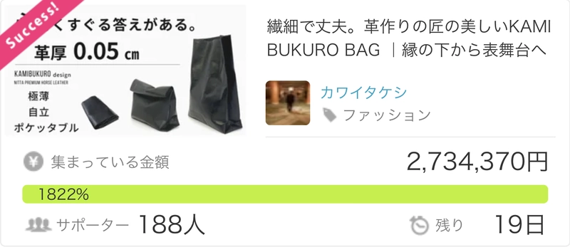 株式会社ニッタ渾身のニッタプレミアムホースレザーを使用した 『KAMIBUKURO designミニマルクラッチバッグ』が Makuake公開初日に目標金額500％以上を超える応援金額達成！