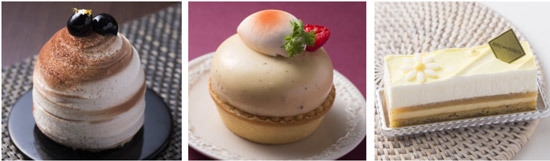 (左から)(1)ほうじ茶ときな粉のムース (2)アールグレイとカシスのタルト (3)カモミールのガトー