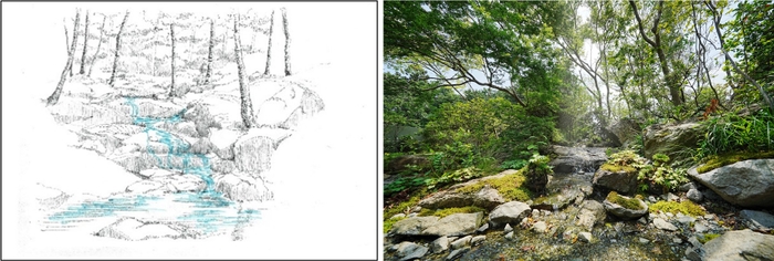 K様邸の庭をイメージしたスケッチ(左) 完成したK様邸の庭(右)