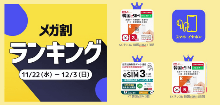 ＜スマホ・イヤホン＞1位　SK テレコム 韓国eSIM