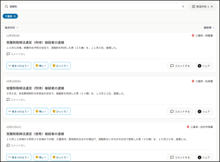 <例 三重県、今月、覚醒剤 で検索>