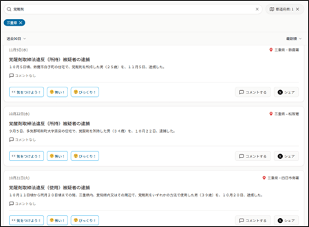 ＜例 三重県、今月、覚醒剤 で検索＞