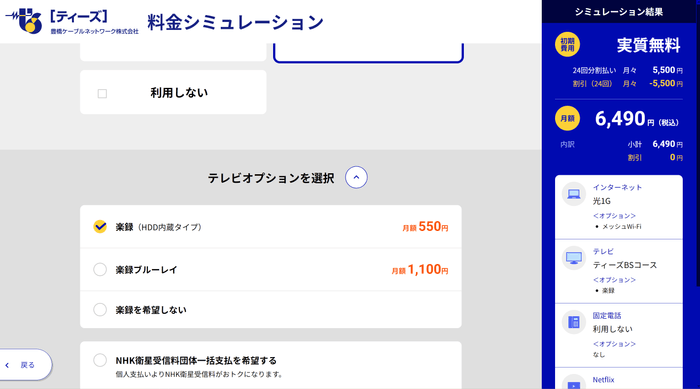 Web完結申込フォーム オプション選択