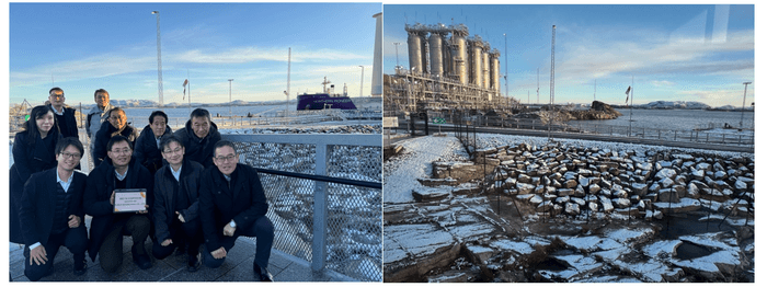 左（WAPSも搭載された、CO2回収船をバックに参加者で記念撮影） 右（CO2貯蔵タンク）