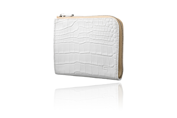 GRAMAS Croco Patterned Genuine Leather L Shaped Zipper mini Wallet White