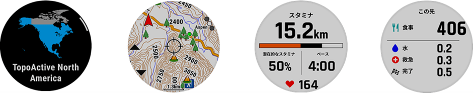 左から、海外大陸地図、GNSSマルチバンド、リアルタイムスタミナ、コースポイント表示