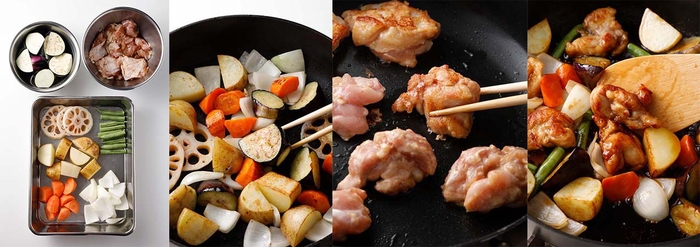 1.下ごしらえ 2.野菜を焼き炒め 3.鶏肉を焼きつけ 4.黒酢あんをからめ