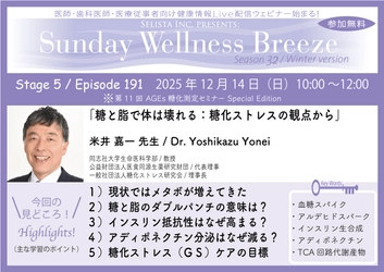 《医師・歯科医師・薬剤師向け》 無料オンラインセミナー12/14(日)朝10時開催　 『糖と脂で体は壊れる：糖化ストレスの観点から』 米井 嘉一 先生(同志社大学生命医科学部／教授)