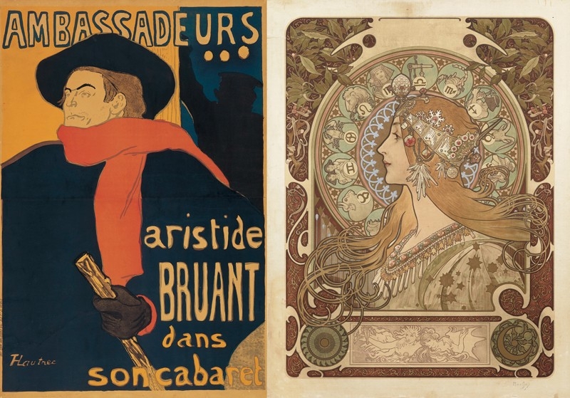 アンリ・ド・トゥールーズ=ロートレック《 アンバサドゥール、アリスティド・ブリュアン》 1892年 アルフォンス・ミュシャ《 黄道十二宮》 1896年 サントリーポスターコレクション(大阪中之島美術館寄託)
