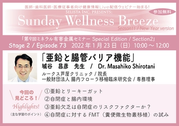 《医師・歯科医師・薬剤師向け無料Zoomオンラインセミナー》 2022年1月23日(日)朝10時開催 『亜鉛と腸管バリア機能』 城谷 昌彦先生／ルークス芦屋クリニック 院長