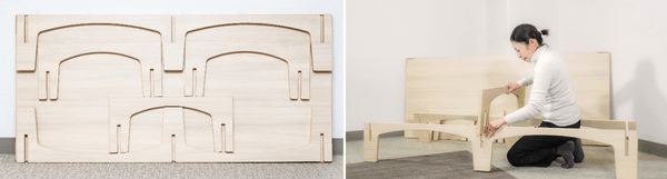 収納時（ベッド脚部をすべて裏面に貼付）（左）、組み立ての様子（右）