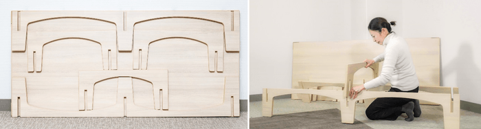 収納時(ベッド脚部をすべて裏面に貼付)(左)、組み立ての様子(右)