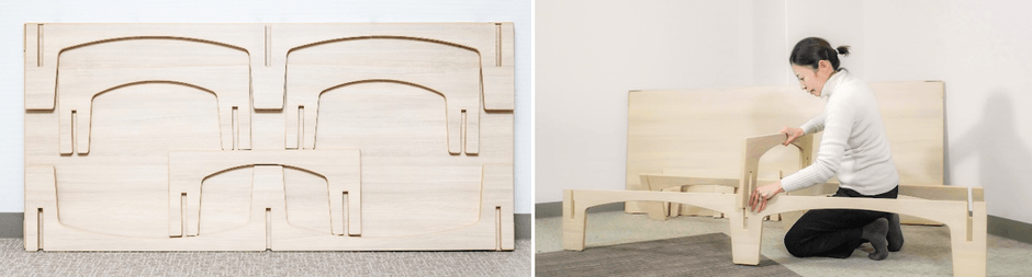 収納時（ベッド脚部をすべて裏面に貼付）（左）、組み立ての様子（右）