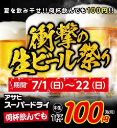 アトムグループ居酒屋148店舗合同企画！ 夏を飲み干せ！何杯飲んでも生ビール（中）が1杯100円！！ 衝撃の生ビール祭り開催!! 