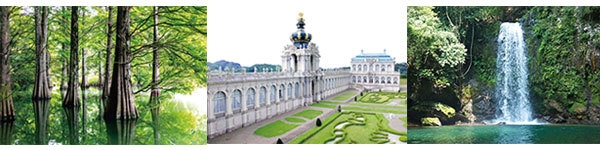 【左から】篠栗九大の森(福岡県)、有田ポーセリンパーク(佐賀県)、轟の滝(長崎県)