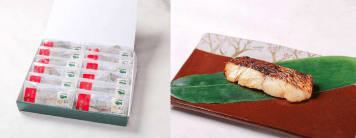 「近大マダイ 焼味四種食べ比べセット」 パッケージ(左)、近大マダイ 西京焼き(右)