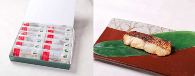 「近大マダイ 焼味四種食べ比べセット」 パッケージ（左）、近大マダイ 西京焼き（右）